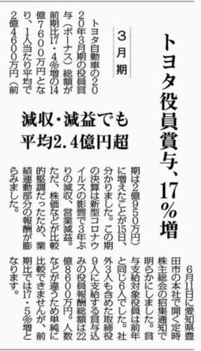 【朗報】トヨタ「減益しとるしこれからのためにベアはなし。しょうがないんや」→役員賞与17％アップ2億4000万