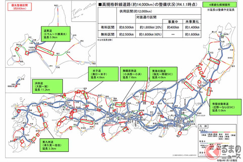 高速道路「4車線化」の新たな着手区間が決定！ 北海道から大分まで、暫定2車線の7か所計43km