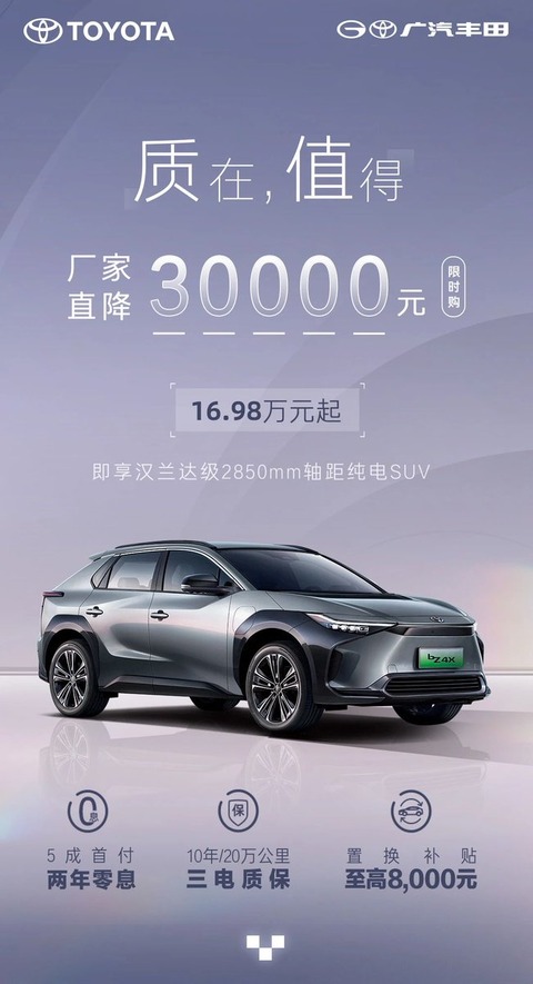 【悲報】トヨタのEV「bz4x」、中国で320万円にまで値下げされる（日本価格600万円）