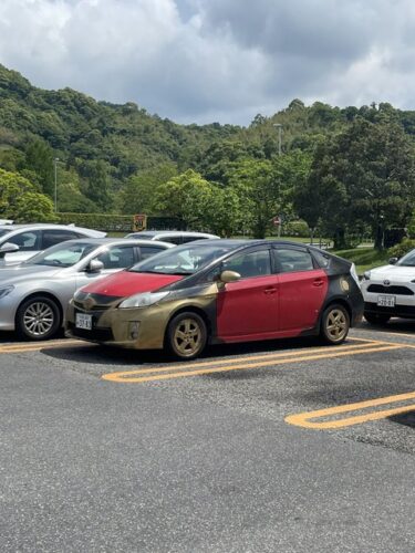 「金立のSAでなんかやっばいプリウスとホワイトペンで一生懸命タイヤ塗ってる車いました」