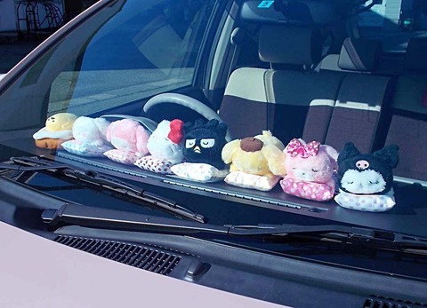 【朗報】女さん「車のフロントガラスに人形並べてみた！」パシャ