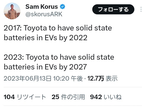 【悲報】トヨタ（2017年）「22年までに全固体電池のEV作ります」→トヨタ（今）「27年までに作ります」