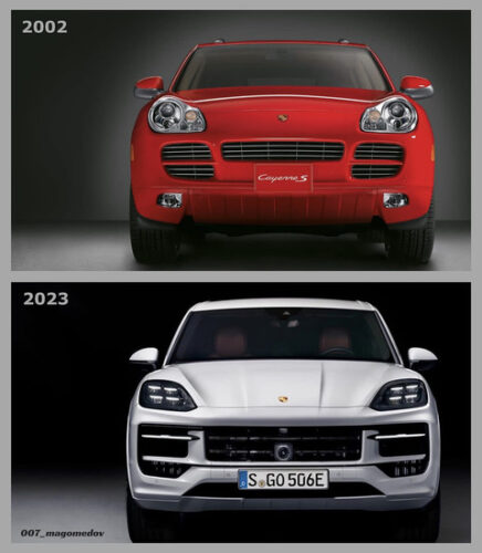 【悲報】ポルシェ・カイエン、最初は可愛かったのに今ではアホみたいな顔になってしまう